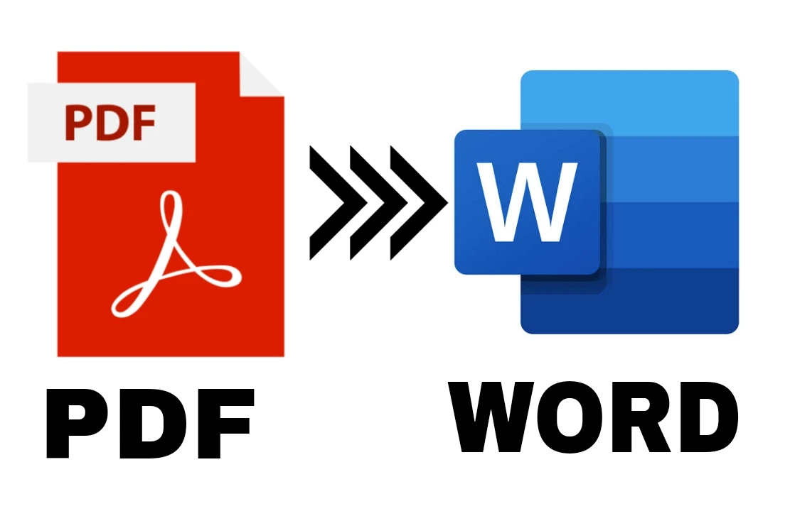 Icon of a PDF file on the left and an icon of a Word document on the right with arrows pointing from the PDF to the Word icon, indicating conversion from PDF to Word format.